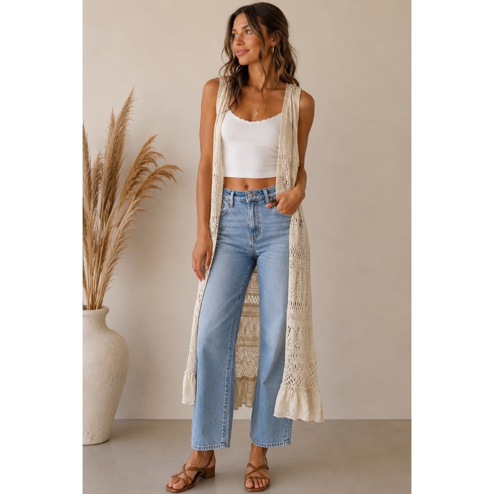 House of Three Crochet Lace Duster Vest Womens Boho Festival Long Indie Hippie M
